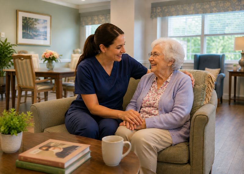 Caring staff with resident at The Waters of Dunkirk